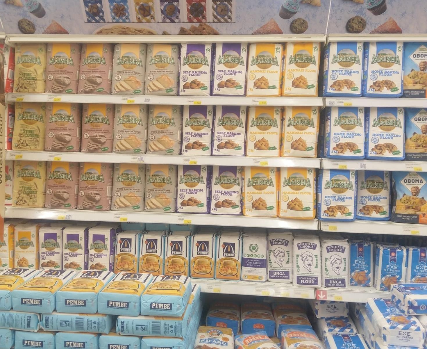 Maisha flour packs stacked in a supermarket display